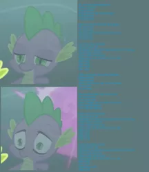 Size: 1224x1418 | Tagged: cropped, derpibooru import, dragon, existential crisis, madworld, reflection, sad, safe, screencap, smiling, spike, uprooted, winged spike