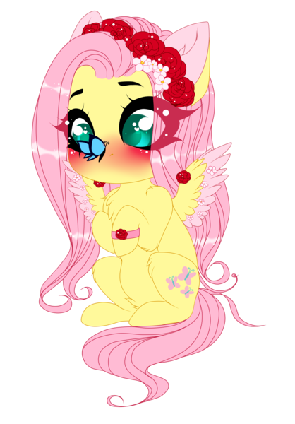 Size: 2297x3297 | Tagged: safe, artist:thilisma, derpibooru import, fluttershy, butterfly, pegasus, pony, blushing, bracelet, butterfly on nose, chest fluff, colored ears, colored pupils, cute, eye clipping through hair, flower, flower in hair, fluffershy, heart eyes, insect on nose, jewelry, leg fluff, rose, shyabetes, sitting, solo, spread wings, two toned wings, wingding eyes, wings