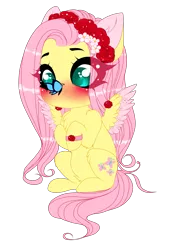 Size: 2297x3297 | Tagged: safe, artist:thilisma, derpibooru import, fluttershy, butterfly, pegasus, pony, blushing, bracelet, butterfly on nose, chest fluff, colored ears, colored pupils, cute, eye clipping through hair, flower, flower in hair, fluffershy, heart eyes, insect on nose, jewelry, leg fluff, rose, shyabetes, sitting, solo, spread wings, two toned wings, wingding eyes, wings
