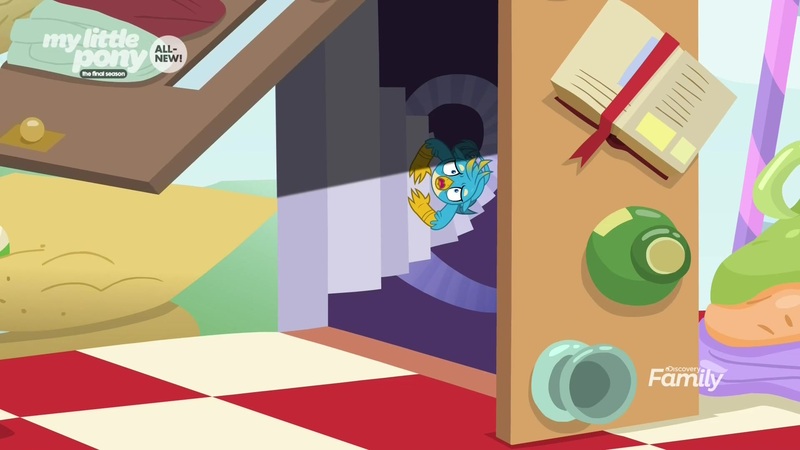 Size: 1920x1080 | Tagged: book, bottle, checkerboard, claustrophobia, claustrophobic, cup, derpibooru import, discovery family logo, door, gallus, safe, scared, screencap, sideways, stairs, uprooted, weird