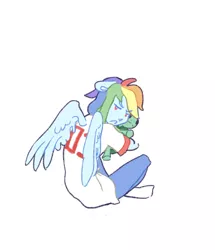 Size: 1280x1490 | Tagged: safe, artist:navy-pon, derpibooru import, rainbow dash, tank, human, cute, dashabetes, eared humanization, female, hug, humanized, plushie, sitting, solo, winged humanization, wings