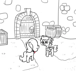 Size: 640x600 | Tagged: safe, artist:ficficponyfic, derpibooru import, oc, oc:emerald jewel, oc:ruby rouge, earth pony, pony, colt quest, barrel, barrels, belt, box, castle, child, colt, cyoa, door, door handle, female, filly, foal, hair over one eye, knife, male, monochrome, path, story included, wall