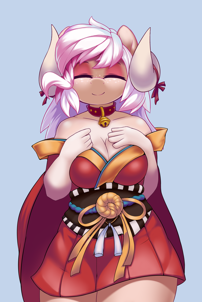 Size: 2480x3700 | Tagged: ^^, alternate version, anthro, artist:iloota, bell, bell collar, big breasts, breasts, cleavage, clothed version, collar, derpibooru import, eyes closed, female, freckles, hair beads, horns, long mane, long tail, oc, oc:champagne supernova, original species, safe, smiling, solo, squint, unofficial characters only