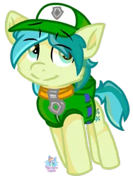 Size: 795x1057 | Tagged: safe, artist:rainbow eevee, derpibooru import, sandbar, pony, backpack, cap, clothes, hat, paw patrol, simple background, solo, transparent background