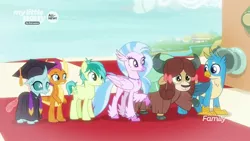 Size: 1920x1080 | Tagged: safe, derpibooru import, screencap, gallus, ocellus, sandbar, silverstream, smolder, yona, changedling, changeling, classical hippogriff, dragon, gryphon, hippogriff, pony, yak, uprooted, bow, checkerboard, cloven hooves, dragoness, female, graduation cap, hair bow, hat, raised hoof, robes, student six