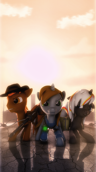 Size: 2158x3840 | Tagged: safe, artist:selestlight, derpibooru import, oc, oc:calamity, oc:littlepip, oc:velvet remedy, unofficial characters only, pegasus, pony, unicorn, fallout equestria, fanfic, 3d, bag, battle saddle, clothes, cowboy hat, dashite, fanfic art, female, floppy ears, fluttershy medical saddlebag, gun, hat, hooves, horn, male, mare, medical saddlebag, pipbuck, rifle, saddle bag, source filmmaker, stallion, vault suit, weapon, wings