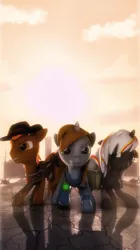 Size: 2158x3840 | Tagged: safe, artist:selestlight, derpibooru import, oc, oc:calamity, oc:littlepip, oc:velvet remedy, unofficial characters only, pegasus, pony, unicorn, fallout equestria, fanfic, 3d, bag, battle saddle, clothes, cowboy hat, dashite, fanfic art, female, floppy ears, fluttershy medical saddlebag, gun, hat, hooves, horn, male, mare, medical saddlebag, pipbuck, rifle, saddle bag, source filmmaker, stallion, vault suit, weapon, wings