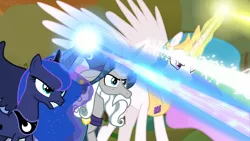 Size: 1920x1080 | Tagged: safe, derpibooru import, screencap, princess celestia, princess luna, star swirl the bearded, alicorn, pony, unicorn, the beginning of the end, badass, beard, blast, ethereal mane, facial hair, female, magic, magic beam, magic blast, male, mare, royal sisters, stallion, starry mane, trio