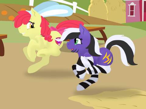 Size: 480x360 | Tagged: safe, artist:taylor huski, derpibooru import, apple bloom, oc, oc:lightning stripe, pony, barn, black and white mane, bow, bunny ears, clothes, gift art, green eyes, haystack, makeup, red mane, running, smiling, socks, striped socks, stripes, sweet apple acres, tail bow, two toned mane, yellow coat, yellow eyes