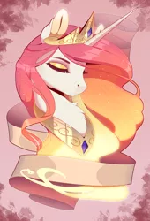 Size: 2200x3232 | Tagged: safe, artist:evehly, derpibooru import, edit, princess celestia, alicorn, pony, bust, chest fluff, collar, crown, exploitable meme, eyes closed, female, jewelry, mare, meme, necklace, portrait, regalia, solo