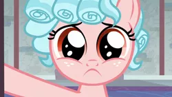 Size: 1280x720 | Tagged: safe, derpibooru import, edit, edited screencap, screencap, cozy glow, pegasus, pony, school raze, cozy glow is best facemaker, cozybetes, cute, door, female, filly, foal, frown, inverted mouth, looking at you, reaction image, sad, sadorable, solo, wide eyes