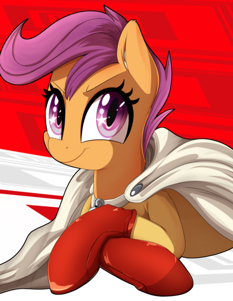 Size: 4250x5500 | Tagged: safe, artist:an-m, artist:coinpo, derpibooru import, scootaloo, pegasus, pony, cape, clothes, collaboration, cosplay, costume, crossed arms, cute, cutealoo, female, filly, laying on stomach, leather gloves, looking at you, one punch man, saitama, solo, starry eyes, wingding eyes