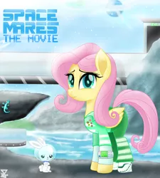 Size: 4500x5000 | Tagged: safe, artist:theretroart88, derpibooru import, angel bunny, fluttershy, pegasus, pony, equestria daily, absurd resolution, april fools, april fools 2019, clothes, movie, movie accurate, smiling, space mares, unamused