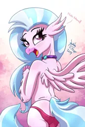 Size: 875x1300 | Tagged: anthro, artist:joakaha, ass, butt, classical hippogriff, clothes, derpibooru import, female, hippogriff, implied foalcon, looking back, panties, partial nudity, silverstream, smiling, solo, solo female, streambutt, suggestive, topless, underwear