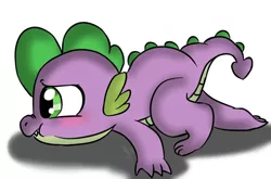 Size: 1024x675 | Tagged: safe, artist:emositecc, derpibooru import, spike, dragon, blushing, cute, male, nose wrinkle, profile, prone, simple background, solo, spikabetes, white background