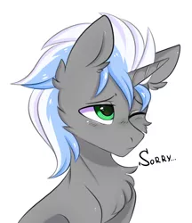 Size: 2356x2732 | Tagged: safe, artist:pesty_skillengton, derpibooru import, oc, oc:icy trail, pony, unicorn, bust, cute, dialogue, green eyes, looking up, one eye closed, one word, portrait, simple background, solo, sorry, white background