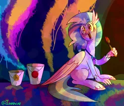 Size: 1280x1097 | Tagged: artist:1racat, classical hippogriff, cute, derpibooru import, diastreamies, female, hippogriff, open mouth, paint, paintbrush, paint bucket, safe, scene interpretation, silverstream, solo, uprooted