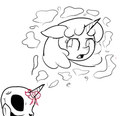 Size: 640x600 | Tagged: semi-grimdark, artist:ficficponyfic, derpibooru import, ghost, pony, undead, unicorn, colt quest, cloud, cyoa, female, horn, mare, mist, monochrome, moon, seance, skull, smoke, solo, spirit, spy, story included, tree