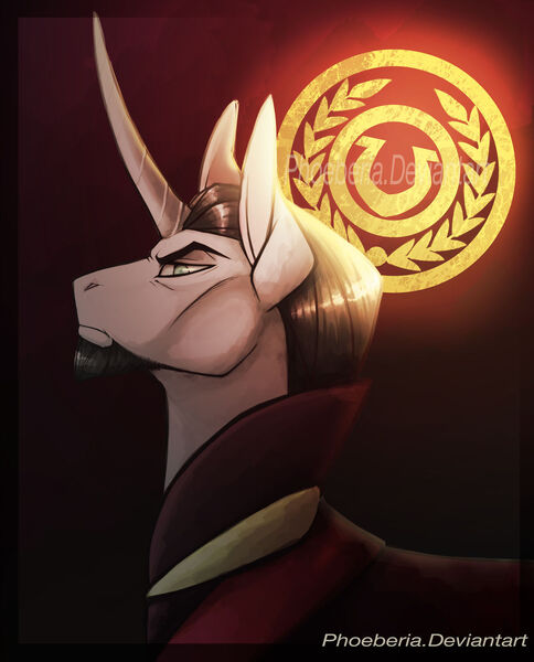 Size: 1024x1269 | Tagged: safe, artist:phoeberia, derpibooru import, chancellor neighsay, pony, unicorn, curved horn, eea seal, glare, horn, male, profile, solo, stallion