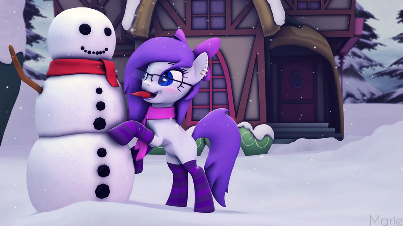 Size: 3200x1799 | Tagged: safe, artist:ghostlymarie, derpibooru import, oc, oc:alexia, unofficial characters only, pony, 3d, carrot, clothes, food, scarf, snow, snowfall, snowman, socks, solo, source filmmaker, striped socks