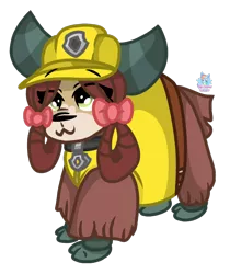 Size: 852x1013 | Tagged: artist:rainbow eevee, bow, clothes, cloven hooves, collar, derpibooru import, female, hair bow, hard hat, looking up, monkey swings, paw patrol, rubble (paw patrol), safe, simple background, solo, transparent background, yak, yona