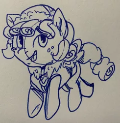 Size: 2400x2445 | Tagged: safe, artist:rainbow eevee, derpibooru import, cozy glow, pony, beanie, clothes, collar, cozybetes, cute, everest, freckles, hat, ink drawing, lineart, paw patrol, solo, traditional art