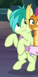 Size: 159x325 | Tagged: safe, derpibooru import, screencap, sandbar, silverstream, smolder, dragon, earth pony, pony, uprooted, cropped, cute, dragoness, female, hooves, male, offscreen character, sandabetes, solo focus, squishy cheeks