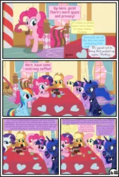 Size: 3255x4838 | Tagged: safe, artist:gutovi, derpibooru import, applejack, fluttershy, pinkie pie, princess luna, rainbow dash, rarity, twilight sparkle, twilight sparkle (alicorn), alicorn, earth pony, pegasus, pony, unicorn, comic:why me!?, alternate ending, applejack gets all the mares, coffee, coffee mug, comic, cup, curtains, harem, mane six, mug, polyamory, polygamy, show accurate, sugarcube corner, table, teacup, window