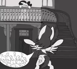 Size: 1000x900 | Tagged: artist needed, source needed, safe, derpibooru import, rainbow dash, rarity, pony, a streetcar named desire, balcony, bipedal, grayscale, monochrome, rarara, rarity is not amused, stairs, unamused