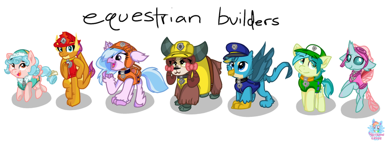 Size: 1940x719 | Tagged: safe, artist:rainbow eevee, derpibooru import, cozy glow, gallus, ocellus, sandbar, silverstream, smolder, yona, changedling, changeling, classical hippogriff, dragon, earth pony, gryphon, hippogriff, pony, yak, bow, chase, cloven hooves, colored hooves, dragoness, everest, female, hair bow, jewelry, male, marshall, meet the equestrian builders, monkey swings, necklace, parody, paw patrol, rubble, shadow, simple background, skye, solo, student six, teenager, zuma