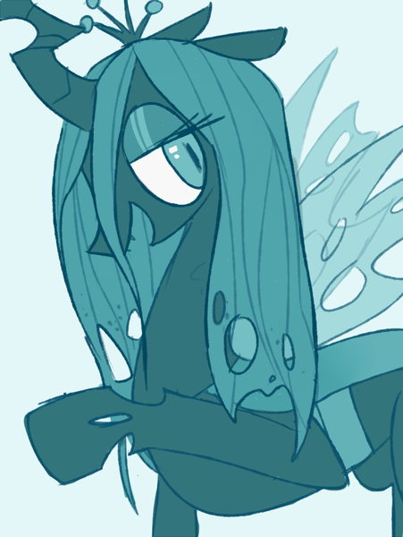 Size: 700x932 | Tagged: artist:eyefocusing, changeling, crown, derpibooru import, female, floppy ears, jewelry, lidded eyes, looking back, open mouth, profile, queen chrysalis, raised hoof, regalia, safe, simple background, solo, spread wings, white background, wings