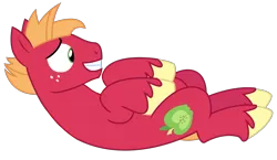 Size: 2556x1481 | Tagged: safe, artist:sketchmcreations, derpibooru import, edit, editor:slayerbvc, vector edit, big macintosh, earth pony, pony, where the apple lies, accessory-less edit, male, missing accessory, on back, sheepish grin, simple background, smiling, solo, stallion, teenage big macintosh, teenager, transparent background, vector