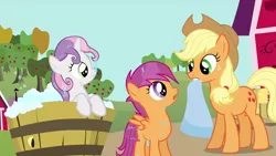 Size: 1280x720 | Tagged: safe, derpibooru import, screencap, applejack, scootaloo, sweetie belle, pony, one bad apple, barn, bath, bathing together, bucket, mouth hold, outdoors, sweet apple acres, towel, wet, wet mane