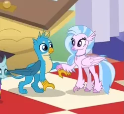 Size: 621x572 | Tagged: safe, derpibooru import, screencap, gallus, ocellus, silverstream, classical hippogriff, gryphon, hippogriff, uprooted, checkerboard, cropped, dream, duo, duo focus, female, male, raised claw