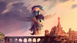 Size: 1665x944 | Tagged: safe, artist:freeedon, derpibooru import, oc, oc:aj, oc:draconidsmxz, earth pony, pegasus, pony, bridge, carrying, city, cute, dagger, duo, hat, ocbetes, smiling, weapon