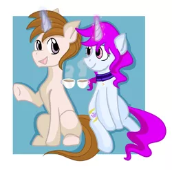 Size: 2228x2196 | Tagged: safe, artist:redpalette, derpibooru import, oc, oc:blooming corals, oc:white shield, pony, unicorn, food, sitting, tea