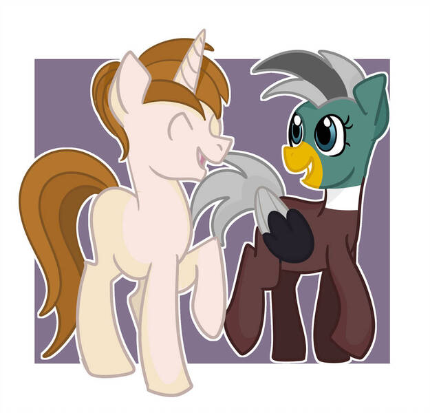 Size: 913x876 | Tagged: safe, artist:redpalette, derpibooru import, oc, oc:duk, oc:white shield, pony, smiling