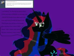 Size: 1280x967 | Tagged: safe, artist:eeveeglaceon, derpibooru import, princess celestia, alicorn, pony, tumblr:the sun has inverted, ask, blue sun, color change, correstia, corrupted, corrupted celestia, corruptia, darkened coat, female, green eyes, invert princess celestia, inverted, inverted colors, inverted princess celestia, multicolored hair, possessed, possesstia, purple background, rainbow hair, sidemouth, simple background, slit eyes, solo, tumblr, violet background, word balloon, word bubble