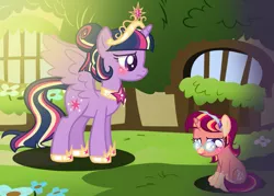 Size: 2269x1629 | Tagged: safe, artist:awoomarblesoda, derpibooru import, twilight sparkle, twilight sparkle (alicorn), oc, oc:tarot spell, alicorn, pony, unicorn, base used, female, filly, glasses, mother and child, mother and daughter, offspring, parent:sunburst, parent:twilight sparkle, parents:twiburst, sad, sitting