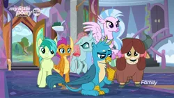 Size: 1920x1080 | Tagged: safe, derpibooru import, screencap, gallus, ocellus, sandbar, silverstream, smolder, yona, changedling, changeling, classical hippogriff, dragon, earth pony, gryphon, hippogriff, pony, yak, uprooted, bow, cloven hooves, discovery family logo, dragoness, female, hair bow, male, my little pony logo, school of friendship, student six
