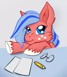 Size: 690x799 | Tagged: safe, artist:flickswitch, derpibooru import, oc, oc:flickswitch, unofficial characters only, pony, blue eyes, desk, digital art, eyelashes, female, fluffy, freckles, glasses off, happy, mare, paper, pencil
