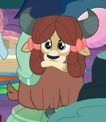Size: 516x591 | Tagged: bow, changedling, changeling, changeling wings, cloven hooves, cropped, cute, derpibooru import, female, hair bow, monkey swings, motion lines, mouth hold, ocellus, pillow, safe, screencap, scroll, solo focus, uprooted, wings, yona, yonadorable