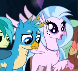 Size: 625x571 | Tagged: safe, derpibooru import, screencap, gallus, sandbar, silverstream, yona, classical hippogriff, earth pony, gryphon, hippogriff, pony, yak, uprooted, beak, big eyes, bow, claws, cropped, cute, diastreamies, dilated pupils, female, frown, hair bow, jewelry, male, necklace, raised claw, spread wings, wide eyes, wings