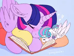 Size: 2048x1536 | Tagged: safe, artist:incendiaryboobs, derpibooru import, princess flurry heart, twilight sparkle, twilight sparkle (alicorn), alicorn, pony, aunt and niece, auntie twilight, baby, baby pony, blushing, book, cute, female, filly, flurrybetes, mare, sleeping, twiabetes