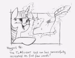 Size: 837x647 | Tagged: safe, derpibooru import, twilight sparkle, pony, /mlp/, glowing horn, horn, lineart, magic, monochrome, quill, solo, telekinesis, the pony machine learning project, writing