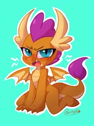 Size: 1200x1600 | Tagged: angry, artist:colorfulcolor233, blue background, blushing, cute, derpibooru import, dragon, dragoness, female, looking at you, open mouth, safe, signature, simple background, smolder, smolderbetes, smoldere, solo, tsundere, uprooted
