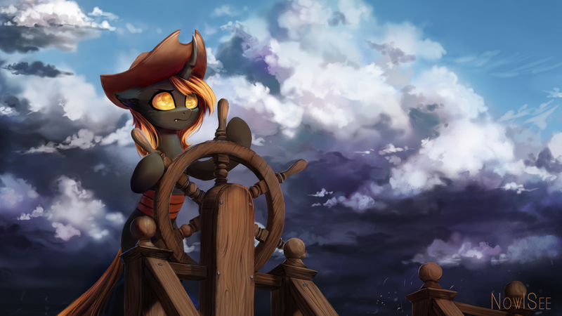 Size: 2090x1176 | Tagged: artist:inowiseei, changeling, cloud, derpibooru import, hat, oc, safe, ship wheel, solo, unofficial characters only