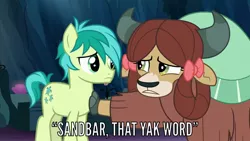 Size: 1280x720 | Tagged: safe, derpibooru import, screencap, sandbar, yona, earth pony, pony, yak, uprooted, bow, cave of harmony, cloven hooves, comforting, cute, duo, female, friends, hair bow, horns, looking at each other, male, monkey swings, teenager, upset