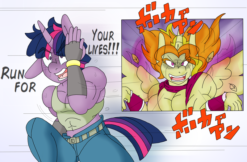 Size: 2512x1653 | Tagged: adagio dazzle, alicorn transformation, allegro amoroso, anime, anthro, artist:blackbewhite2k7, commission, crossover, derpibooru import, dialogue, dusk shine, joestar secret technique, jojo's bizarre adventure, joseph joestar, kars, nigerundayo, rule 63, running away, safe, twilight sparkle