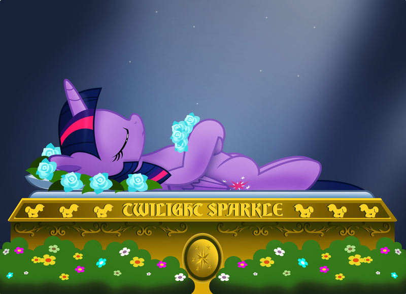Size: 800x579 | Tagged: safe, artist:jhayarr23, derpibooru import, twilight sparkle, twilight sparkle (alicorn), alicorn, pony, cadaver, corpse, dark background, dead, disney, eyes closed, female, flower, flower in hair, funeral, grave, holding, light, mare, mortality blues, pillow, plants, snow white, snow white and the seven dwarfs, solo